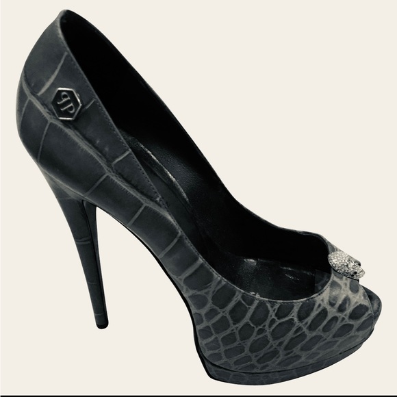 Philipp Plein Croc Embossed Leather Skull Embellished Peep Toe Platform Pumps - Picture 1 of 7
